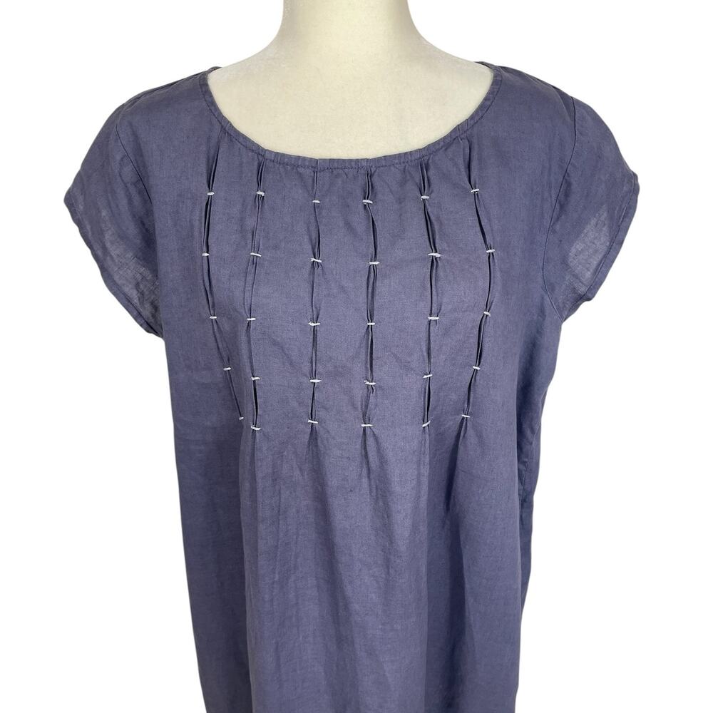 Sundance Linen Pintucked Short Sleeve Shift Dress Blue Sz Large Coastal Cottage - Picture 2 of 10